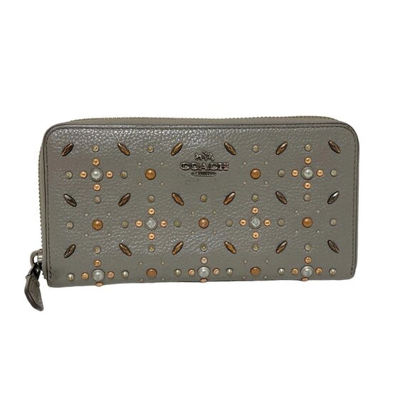Coach Handbags - COACH Natural pebble leather studded accordion zip wallet Dark Gray -